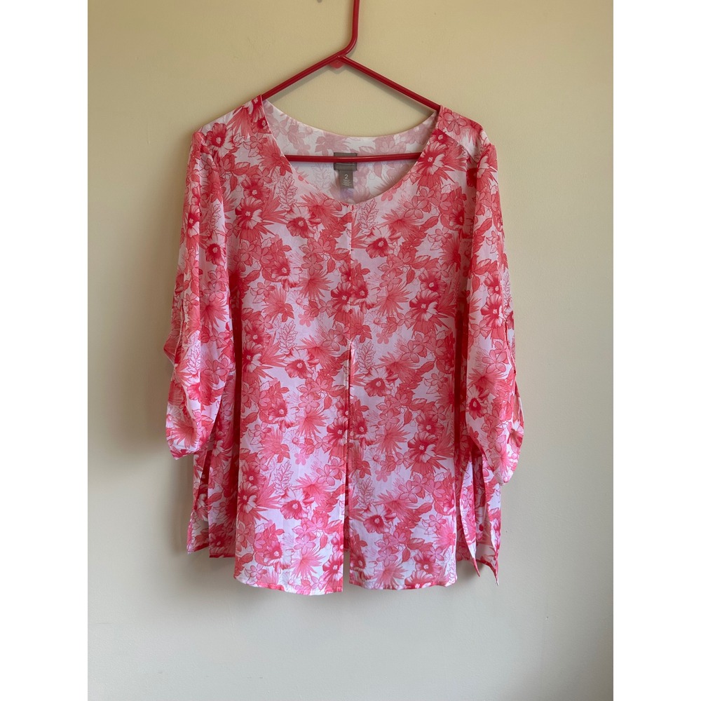 Chicos Pink Floral Print Roll Tab Sleeve Blouse Top Size 2 L Large